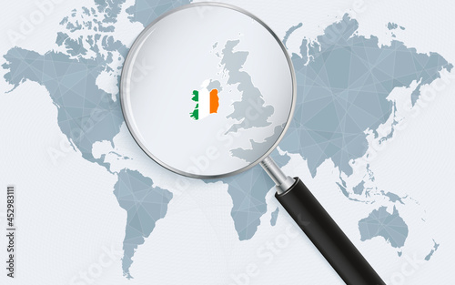 World map with a magnifying glass pointing at Ireland. Map of Ireland with the flag in the loop.
