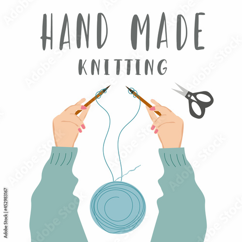 Traditional handmade craft banner design. Lifestyle concept. Balls of wool and knitting needles. Women's hands that knit warm clothes. 