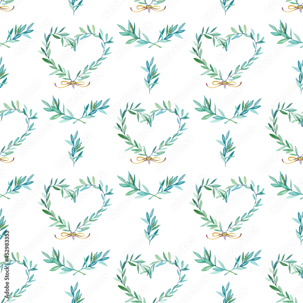 Hand drawn eucalyptus leaves, seamless pattern on white background, watercolor painting, digital paper Hand drawn eucalyptus leaves, seamless pattern on white background, watercolor painting, digital paper