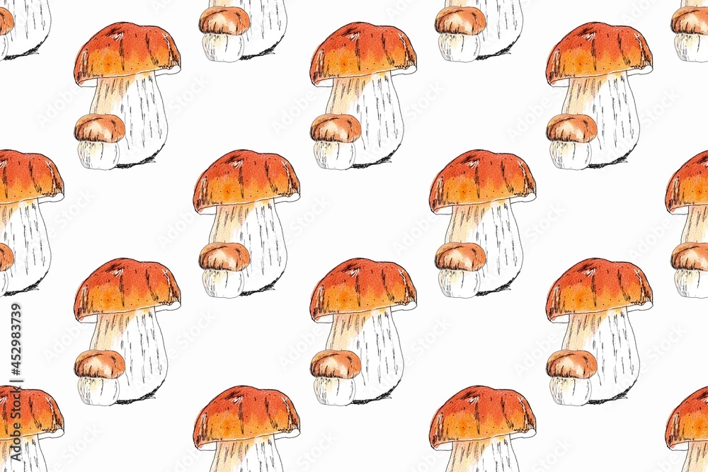 Naklejka premium Autumn seamless pattern of mushrooms. Watercolor hand painted illustrations. White bachground