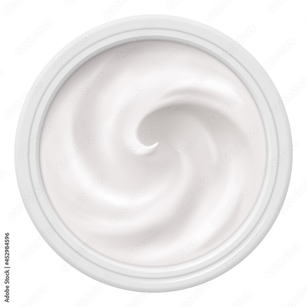 White Cosmetics Cream in Package Container Top View on White Background. Cosmetic Product for Care to Skin Face. Applicable for Dairy or Cosmetic Products Ads or Packaging Design White Cosmetics Cream in Package Container Top View on White Background. Cosmetic Product for Care to Skin Face. Applicable for Dairy or Cosmetic Products Ads or Packaging Design