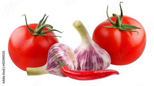 Garlics, tomatoes, and red hot chili pepper isolated on white background