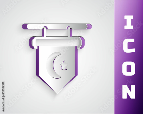 Paper cut Star and crescent - symbol of Islam icon isolated on grey background. Religion symbol. Paper art style. Vector
