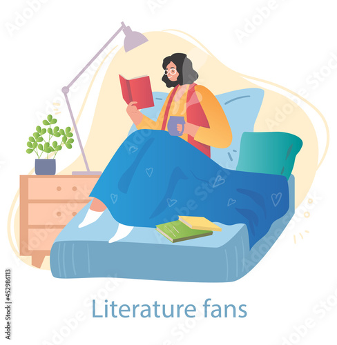 Fan of literature concept. Woman lying on bed with cup of hot drink and reading interesting book. Student preparing for exam. Cartoon modern flat vector illustration isolated on white background