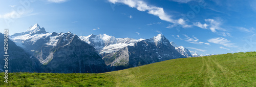 panorama sur un paysage alpestre avec des prairies vertes et une chaine montagneuse avec de la neige et un ciel bleu