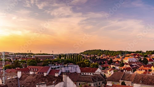 Time-lapse aerial view on the city Sopron a sunny summer day from the Medieval Fire Tower.