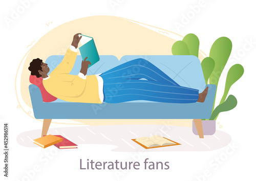 Reading books concept. Man fond of literary works. Character lying on sofa in apartment along with interesting novel. Cartoon contemporary flat vector illustration isolated on white background