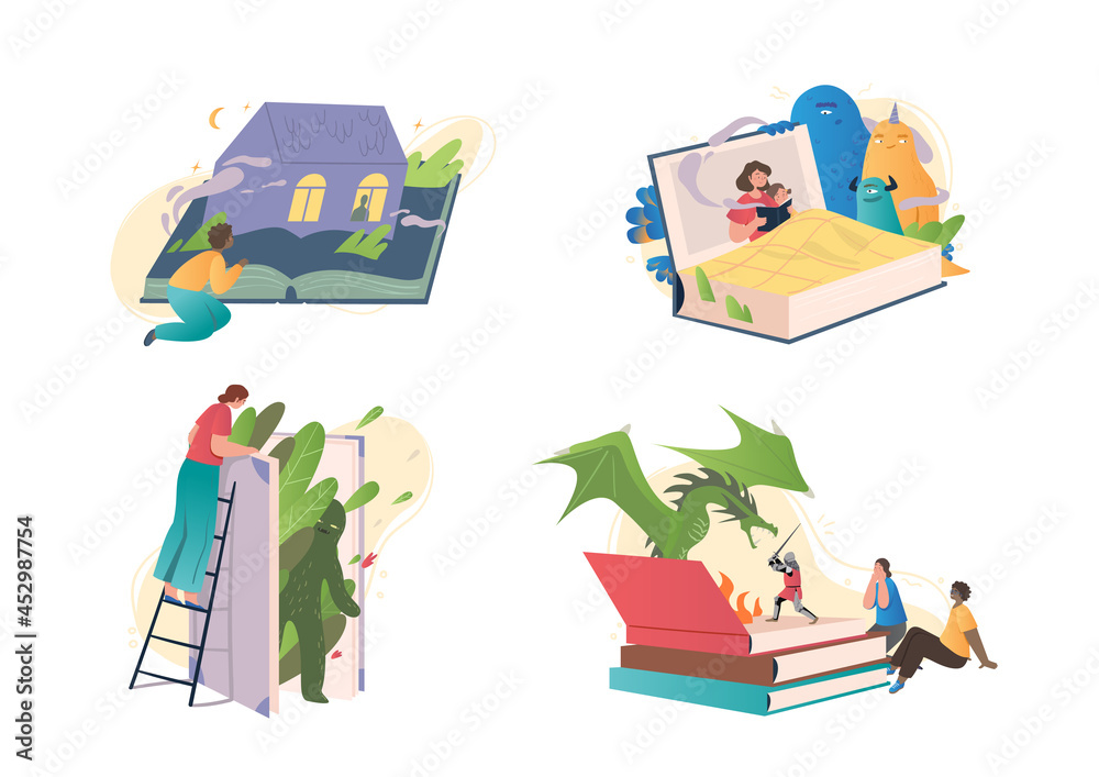 Set of mystical stories in books. Male and female characters read  interesting stories with mysterious monsters. Fantastic world of fairy  tales. Cartoon flat vector collection on white background Stock Vector |  Adobe