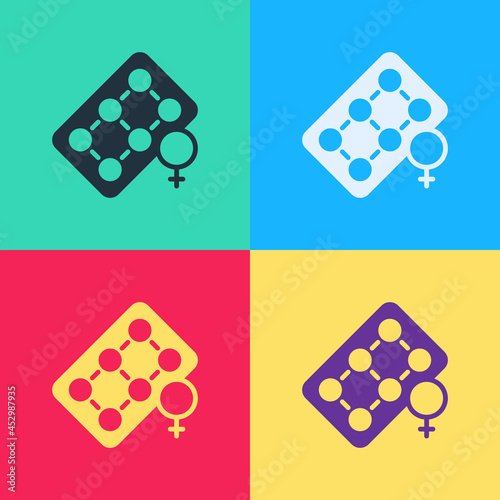 Pop art Packaging of birth control pills icon isolated on color background. Contraceptive pill. Vector