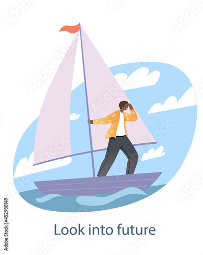 Tourist looks into distance. Man on sailboat sails forward and looking for right path of development. Metaphor for choosing strategy. Cartoon flat vector illustration isolated on white background
