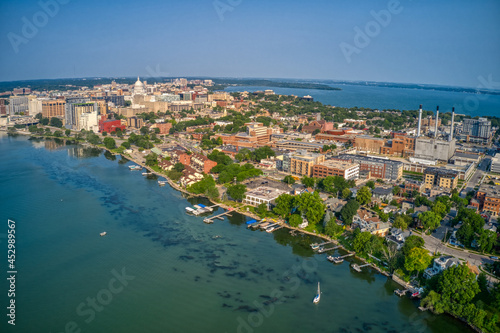 Aerial View of Downtown Madison, Wisconsin in Summer