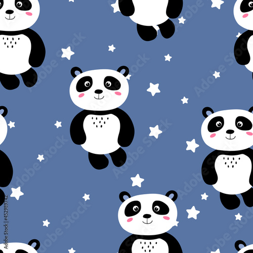 Fototapeta Naklejka Na Ścianę i Meble -  Seamless pattern with cute panda baby and stars on color background. Funny asian animals. Card, postcards for kids. Flat vector illustration for fabric, textile, wallpaper, gift wrapping paper