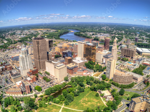 Boston, Massachusetts Skyline from above by Drone during Summer Time