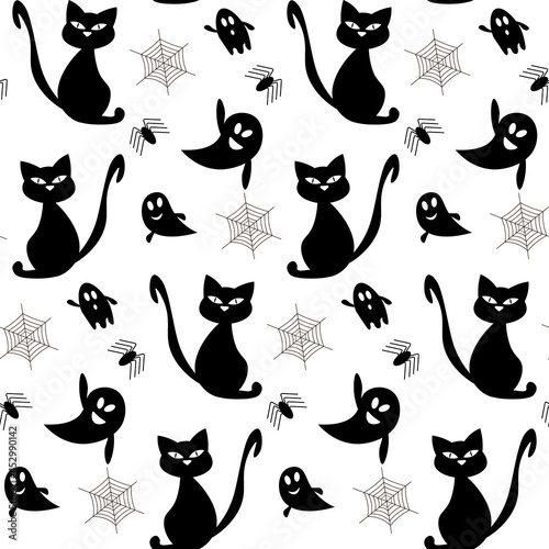 Black and white pattern for halloween. Vector illustration. Ghosts  black cat  spider with cobwebs. For holiday decoration  prints  packaging  postcards  decorative work  fabrics  covers and flyers.