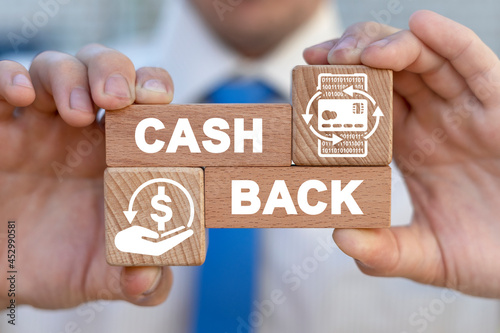 Concept of cash back. Cashback loyalty program. Return money, cash back rebate.