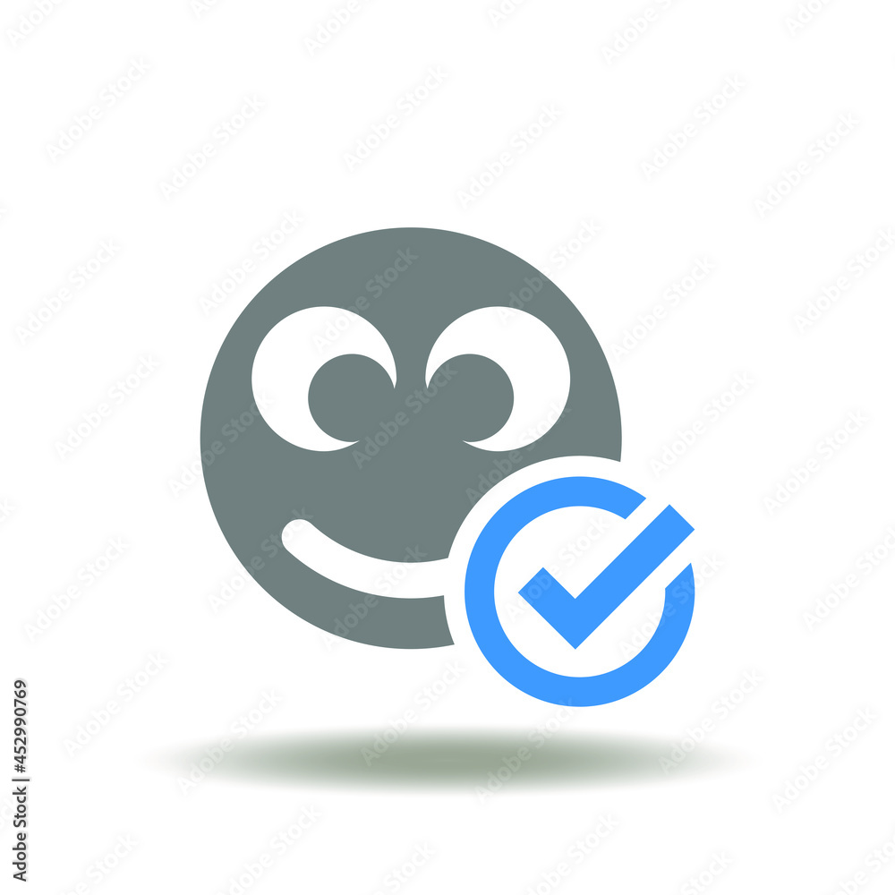 Smile emoticon with check mark vector illustration. Emoji Ok Icon. Social media sign. Feedback symbol.