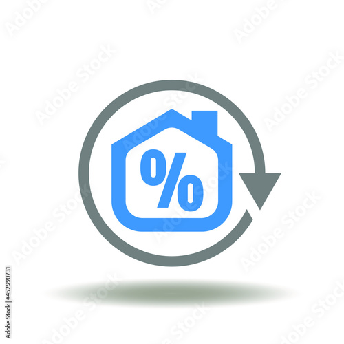 Round upgrade arrow with house and percent vector illustration. Icon of remortgage. Refinancing mortgage symbol.