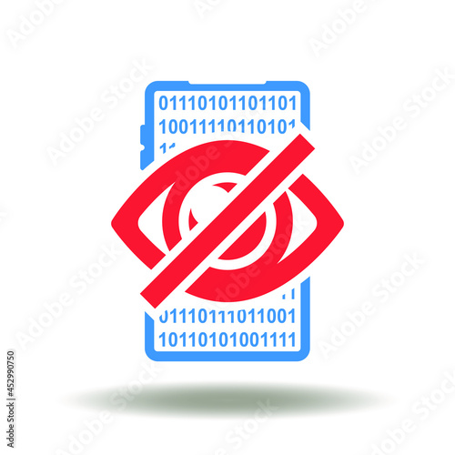 Smartphone with crossed eye vector illustration. Prohibition of viewing mobile content symbol. Icon of stop view. Restriction for video viewing sign.