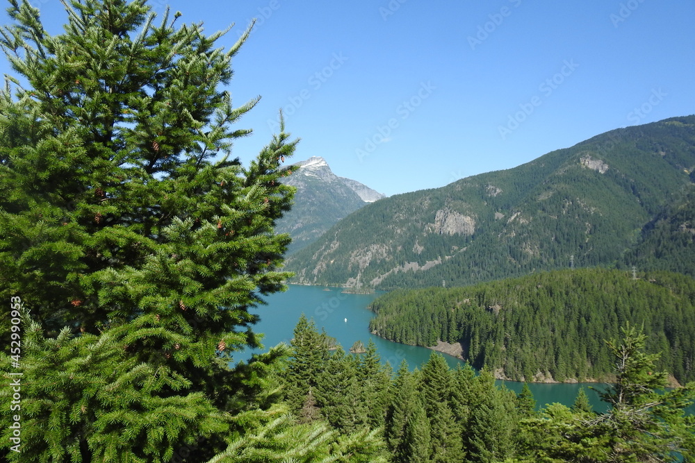 The beautiful scenery of Diablo Lake, nestled within the North Cascade Mountains, in the Pacific Northwest, Washington State.