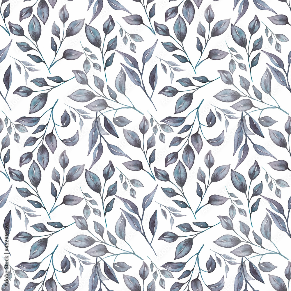 Fototapeta premium Seamless watercolor greenery pattern in blue colors. Delicate Florals Hand drawn repeat paper.