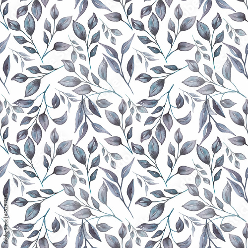 Seamless watercolor greenery pattern in blue colors. Delicate Florals Hand drawn repeat paper.