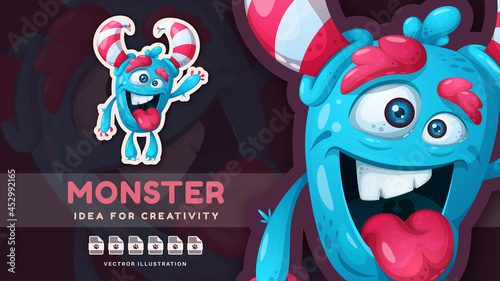 Cartoon character crazy halloween monster - cute sticker. Vector eps 10