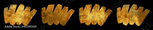 Gold brushstroke. Set of vector template for design. Stain of metallic paint on a black background. Sticker, flyer. Hand drawn golden texture. Gold paint. Luxury backdrop.  Empty blank for text. 