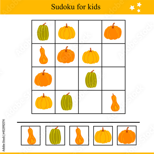 Sudoku for kids with pumpkins. Educational game for children. Autumn vector illustration