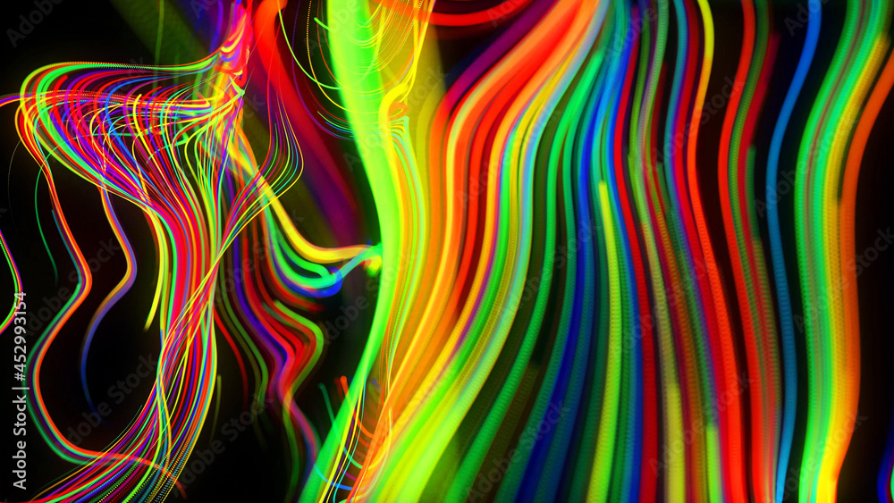Fototapeta premium 3d render. Abstract background flow of glow lines. Llights particles form in 3d space glowing beautiful curved lines like ball of wires burning with neon light. Beautiful creative background.
