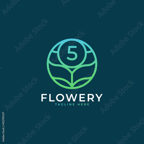 Flower Number 5 Logo Design Template Element. Eps10 Vector
