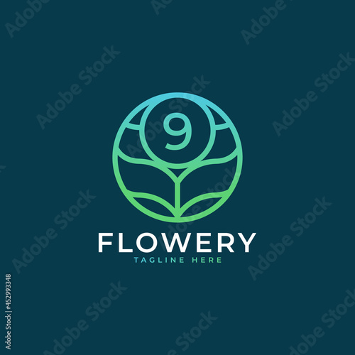 Flower Number 9 Logo Design Template Element. Eps10 Vector