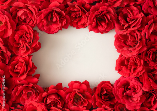 Creative layout made of red rose flowers with copy space. Minimal valentines day  mothers day or womens day concept.