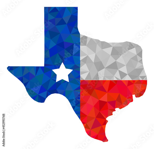 Low-poly texas map logo constructed with scattered filled triangles. Triangle texas map logo polygonal symbol illustration. Texas Map Logo icon is filled with triangles.