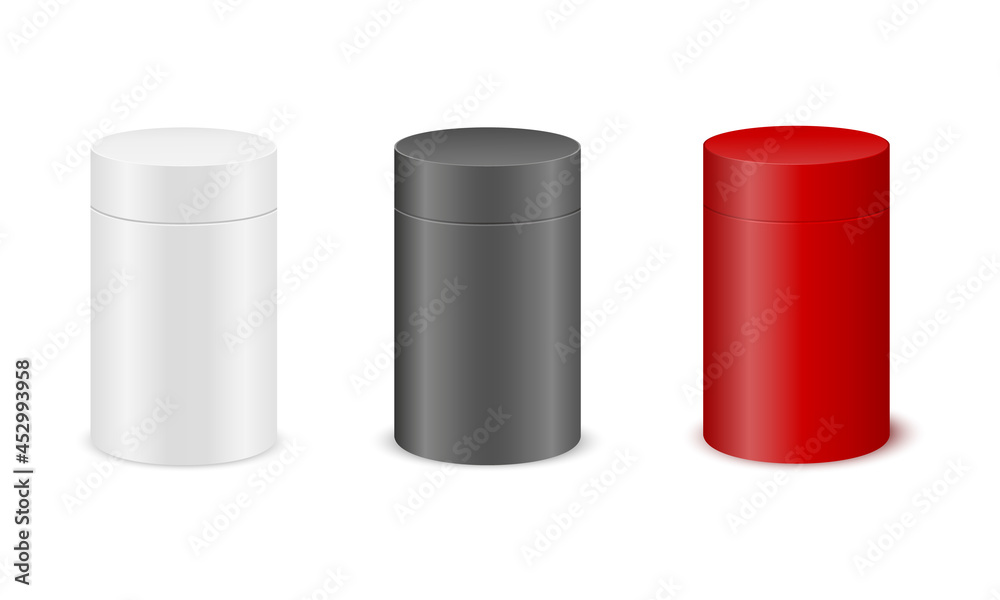Cylinder boxes mockups isolated on white background. White, black, red cardboard packages for product design. Containers for gift, tea, coffee, food. Vector realistic illustration. Cylinder boxes mockups isolated on white background. White, black, red cardboard packages for product design. Containers for gift, tea, coffee, food. Vector realistic illustration.