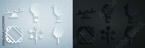 Set Fireworks, Riding kid duck, Ticket, Cotton candy, Hot air balloon and Seesaw icon. Vector