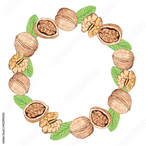 Walnut round wreath watercolor illustration isolated on white