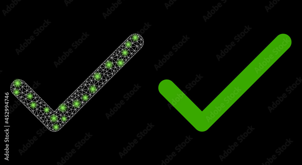 Glossy mesh vector apply tick with glow effect. White mesh, bright spots on a black background with apply tick icon. Mesh and lightspot elements are placed on different layers. Glossy mesh vector apply tick with glow effect. White mesh, bright spots on a black background with apply tick icon. Mesh and lightspot elements are placed on different layers.