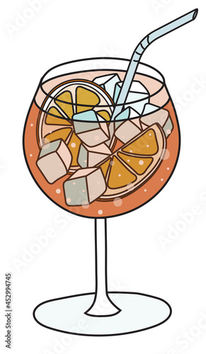 Stylish hand-drawn doodle cartoon style orange Aperol spritz cocktail in balloon glass. Vector illustration good for party card, posters, bar menu or alcohol cook book recipe