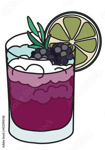 Stylish hand-drawn doodle cartoon hipster style cool fresh blackberry bramble cocktail garnished with lime rosemary and berries. Vector illustration good for bar menu, alcohol cook book recipe.
