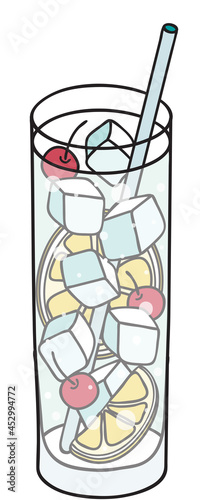 Stylish hand-drawn doodle cartoon style classic Tom Collins cocktail garnished with lemon and cherry. Vector illustration good for party card, posters, bar menu or alcohol cook book recipe.