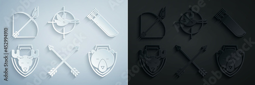Set Crossed arrows, Quiver with, Moose head on shield, Bear, Hunt duck crosshairs and Bow and fire icon. Vector