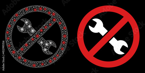 Glamour mesh vector avoid repair with glare effect. White mesh, glare spots on a black background with avoid repair icon. Mesh and lightspot elements are placed on different layers.