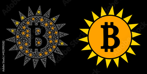 Glossy mesh vector bitcoin shine with glare effect. White mesh, glare spots on a black background with bitcoin shine icon. Mesh and glare elements are placed on different layers.