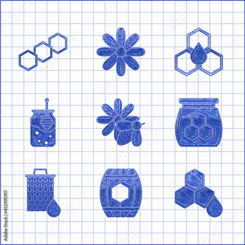 Set Bee and flower, Wooden barrel with honey, Honeycomb, Jar of, dipper stick, and icon. Vector