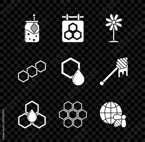 Set Jar of honey and honey dipper stick, Hanging sign with honeycomb, Flower, Honeycomb, map the world bee, and icon. Vector