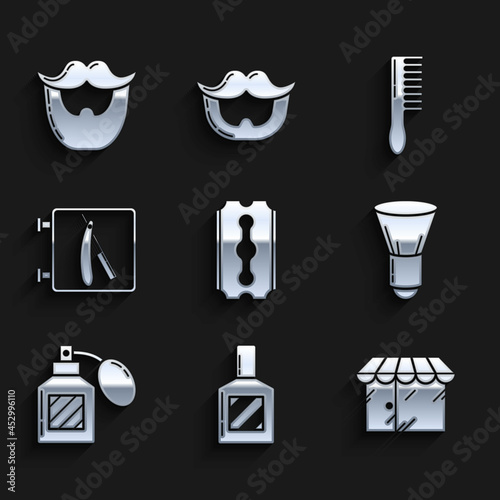 Set Blade razor, Aftershave, Barbershop building, Shaving brush, with, Hairbrush and Mustache and beard icon. Vector