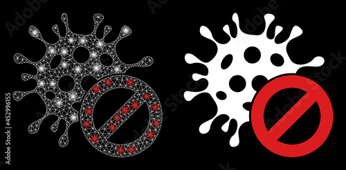 Magic mesh vector cancel coronavirus with glare effect. White mesh, glare spots on a black background with cancel coronavirus icon. Mesh and glare elements are placed on different layers.