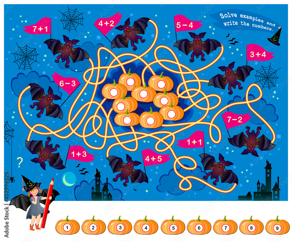 Vetor de Mathematical Halloween. Exercise on addition and subtraction ...
