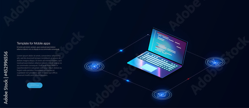 Digital currency or cryptocurrency mining farm. Creation of bitcoins. Crypto mining, blockchain concept. Crypto currency market landing page. Hologram of a Bitcoin coin on a blue futuristic background