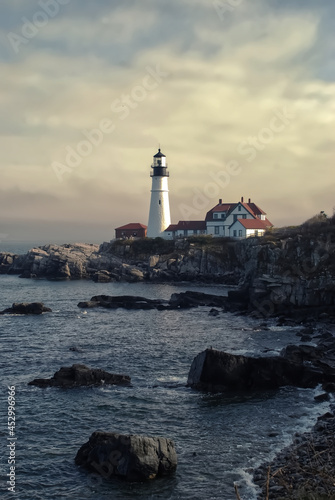 Overcast Sunrise at the Portland Head Light Lighthouse on Cape Elizabeth in Maine, USA during the Fall